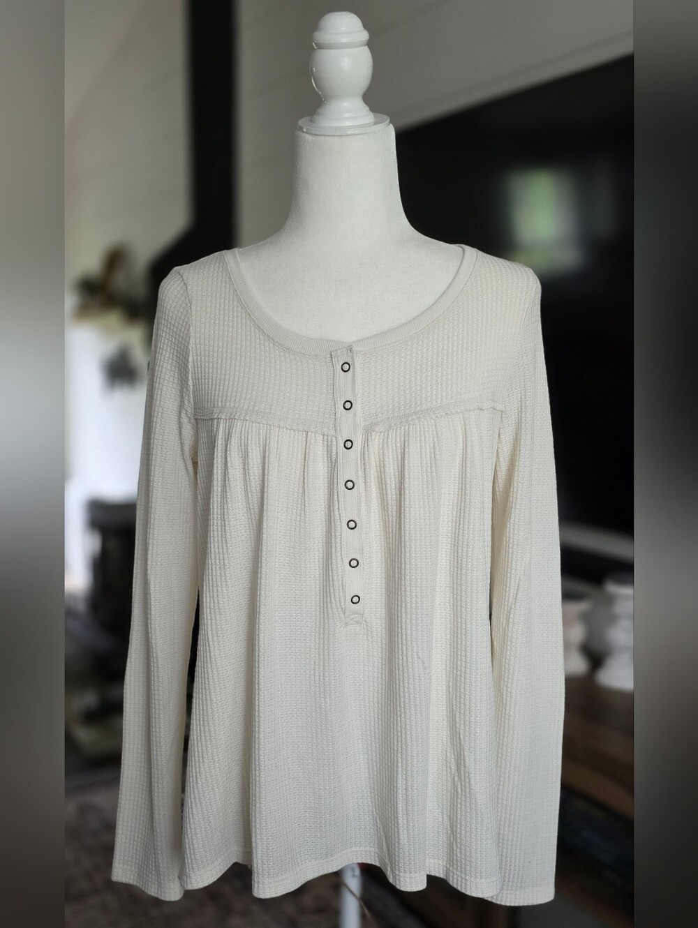 Lucky Brand Cream Waffle Knit Henley Babydoll Top